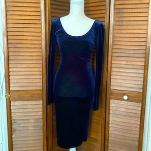 Navy velvet long sleeve body con dress with low back